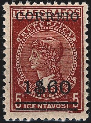 Portugal 1929 – Telegraph tax, with surcharge. MF494a, 1$60 s/ 5c, red-brown, medium plain 