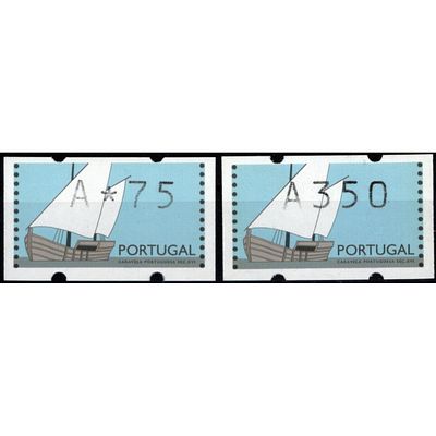 Labels. 1992 – Portuguese Caravel – 16th Century. Full set, Correio Azul, CE5i. Values 75 and 350.