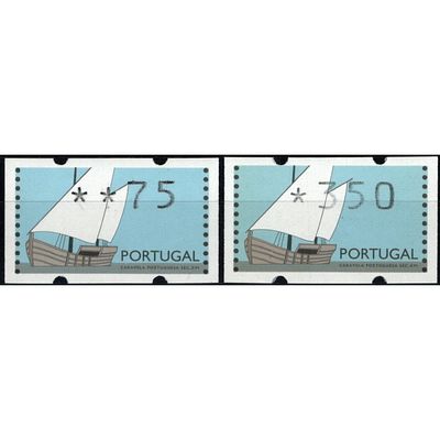 Labels. 1992 – Portuguese Caravel – 16th Century. Full set, Correio Azul, CE5j. 75 and 350.
