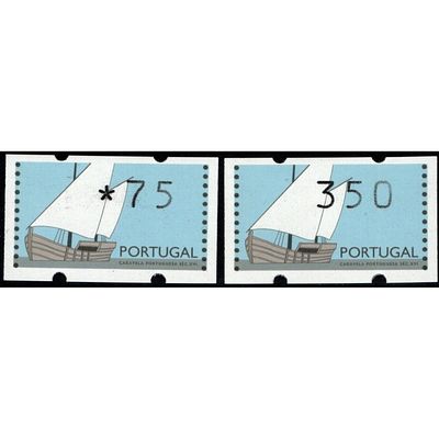 LABELS. 1992 – Portuguese Caravel – 16th century. Full set, Correio Azul, CE5k. 75 and 350 