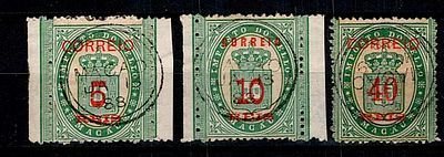 Macao 1887 Surcharge and tax stamps, perforation. Full set of Mf#29d+30d+31c detached stamps of 