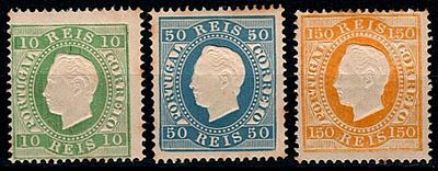 Reprints Portugal 1905 * 1879-80 D. Luis straight ribbon, new colors. Full set of the 3 