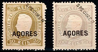 Reprints Azores 1885 * 1868-70 D. Luis curved ribbon perforated. 2 reprints of stamps Mf#9 of 