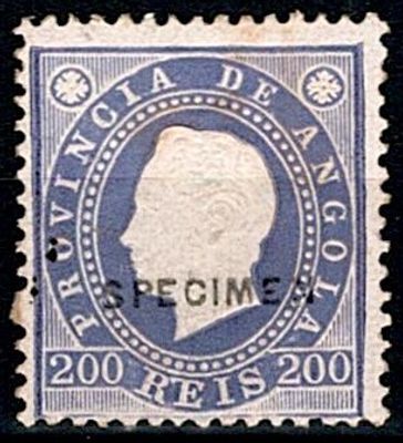 Angola 1886 D. Luis straight ribbon. Stamp Mf#22 of 200 reis grey violet in 12 3/4 perforation 