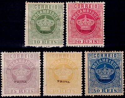 Reprints Mozambique 1885 * 1881-85 Crown new colors AND small PROVA overprint. Full set of 5 