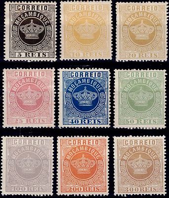 Mozambique Reprints 1885 * 1870-77 Coroa. Full set of 9 reprints in 13.5 perforation. Mint 