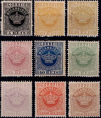 Mozambique Reprints 1905 * 1870-77 Coroa. Full set of 9 reprints in 13.5 perforation. New 
