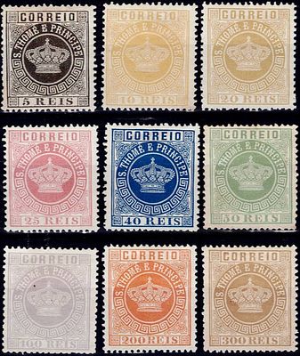 Reprints S&atilde;o Tom&eacute; and Pr&iacute;ncipe 1885 * 1870-77 Coroa. Full set of 9 reprints in 13.5 