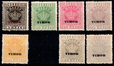 Timor reprints 1885 * 1886 Macau Crown with Timor overprint and line. Set of 7 reprints, in 