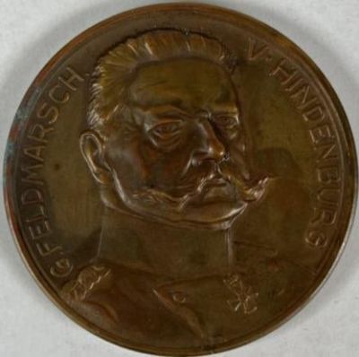 1914 COL. VON HINDENBURG MEDAL. BRONZE MEDAL, WORLD WAR COMMEMORATIVE. 2.125"