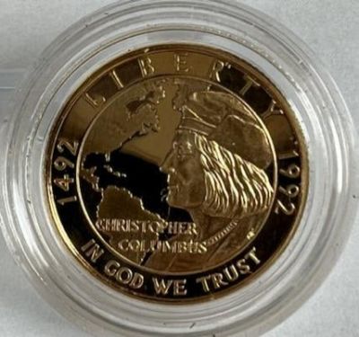 1992 COLUMBUS $5 GOLD. UNCIRCULATED, QUARTER OUNCE
