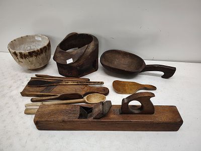 primitives. cheese bowl hat mold wooden kitchenware hand plane Dimensions: 10 x 15 x 26 in