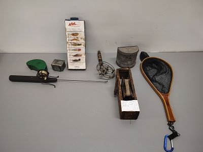 Fishing items. bait boxes home made fish line dryer orvis net and more Dimensions: 6 x 26 x 16 in