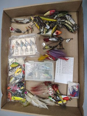 Fishing items. vintage plastic lures Dimensions: 2 x 12 x 10 in