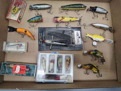 Fishing items. vintage plastic lures Dimensions: 2 x 14 x 10 in