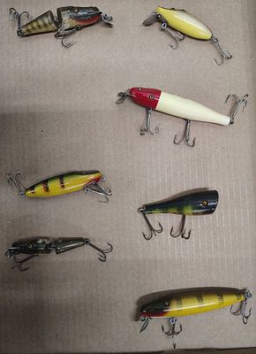 Fishing items. creek chub: pike minnow 2 jointed pikies 3 sure strikes plunker wooden 