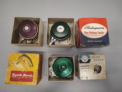 Fishing items. 3 fly reels south bend shakespeare blue eagle in original boxes Dimensions: 3 x 8 