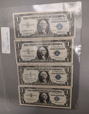 Coins. 4 1957 silver certificates Dimensions: 1 x 6 x 1 in