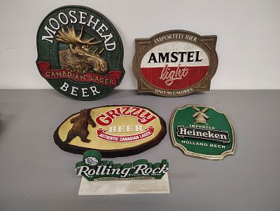 Beer advertising. (5) plastic beer signs Moosehead Beer, Amstel Beer, Grizzly Beer, Rolling Rock 