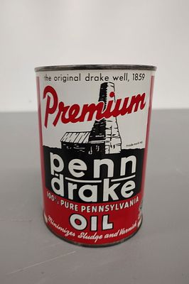 oil can. Premium Penn Drake motor oil - full with slight dent Dimensions: 6 x 4 x 4 in