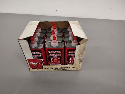NOS case of lubrication oil. full case of (12) Marvel Lubrication oil cans, New Old Stock - box 