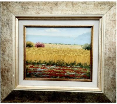 שמן על בד חתום וממוסגר. מידות: 27X20 ס"מ. מידות כולל מסגרת: 48X42 ס"מ.