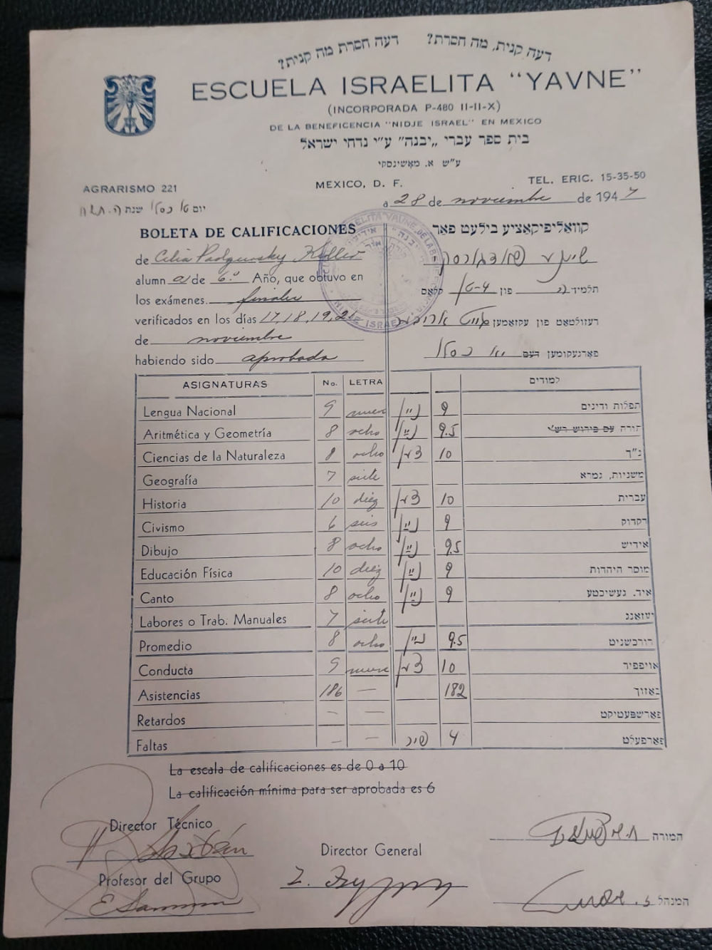 תעודה של בית ספר עברי "יבנה" ע"י נדחי ישראל שנת 1947 . מידות: 21X17.5 ס"מ בקירוב