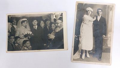 2 תצלומים ישנים של חתן וכלה יהודים . מידות: 9x14 סמ בקירוב