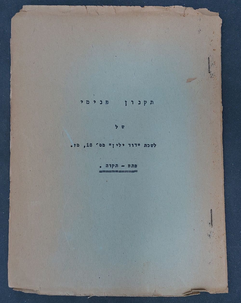חוברת תקנון פנימי של לשכת דוד ילין. הצהבה לכריכה