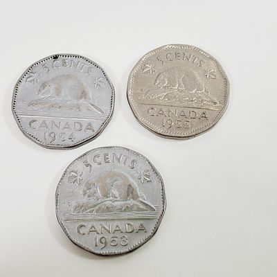 Lot of 3 1950's Canadian Nickels 1953/54/55