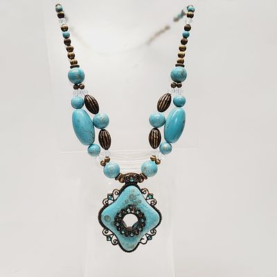 Vintage Necklace Turquoise Wooden Beads 26"