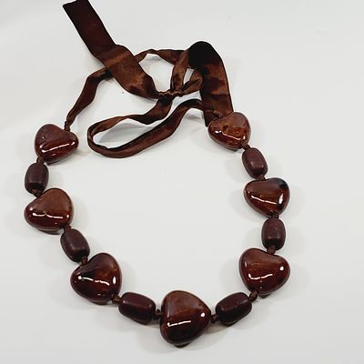 Large Heart Beaded Ribbon Necklace