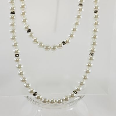 Long Faux Glass Pearls Crystal Spacers Necklace