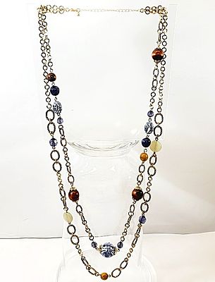 Porcelain & Crystal Sweater Necklace 31" Long