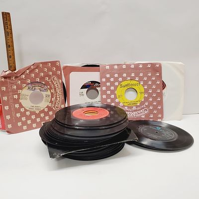 Lot of Mixed 45 rpm Records. marked up-one picture shows the worst one we seen, some are 