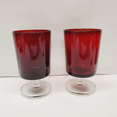 Vintage 1970's Red & Clear Wine Glasses France