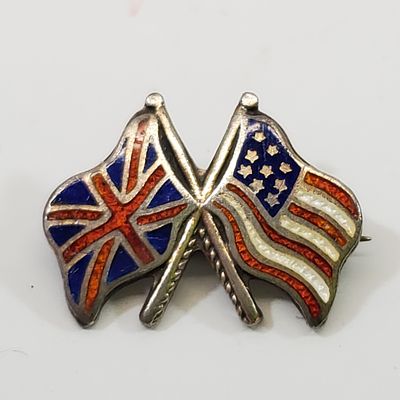 Antique Sterling Silver Flags England & US Enamel. Small 5/8" Friendship Pin
