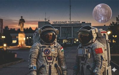 Монета. 100 форинтов. Космос. Берталан Фаркаш и Валерий Кубасов.
Программа &laquo;Интеркосмос&raquo;. Венгрия 