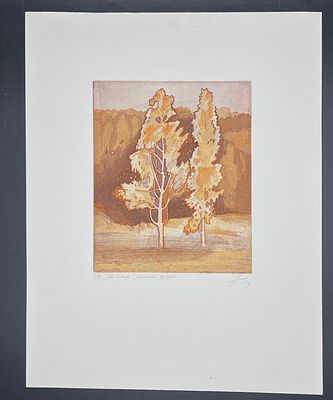 Казакова Вера Михайловна - Две березы. Цветной офорт на жести 2000г. A/P. (19 х 15,8).