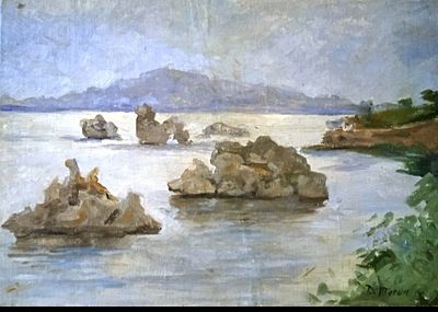 Тегин Д. К. - Тегин Д. К. "Берег моря". 1960-е гг. Техника: холст на картоне, масло. Размеры: 24*50 см.