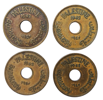 4 מטבעות, מטבע 10, מיל פלשתינה 1942 ברונזה, ארץ ישראל המנדט הבריטי
Palestine 4 coins –10 mils 1942