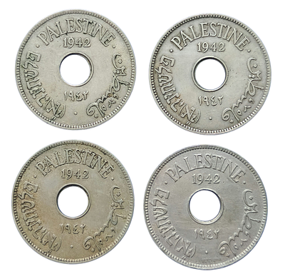 4 מטבעות, מטבע 10, מיל פלשתינה 1942, ארץ ישראל המנדט הבריטי
Palestine 4 coins –10 mils 1942
. מצב 