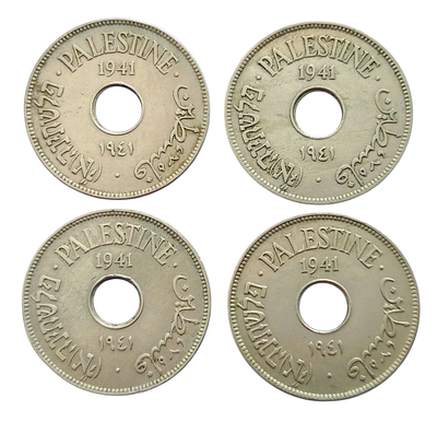 4 מטבעות, מטבע 10, מיל פלשתינה 1941, ארץ ישראל המנדט הבריטי
Palestine 4 coins –10 mils 1941. מצבי 