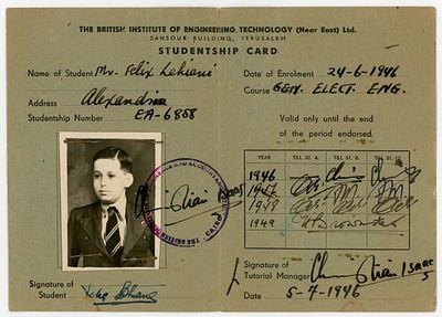 כרטיס סטודנט המכון הבריטי להנדסה במזרח הקרוב ירושלים 1946. The British Institute of Engineering 