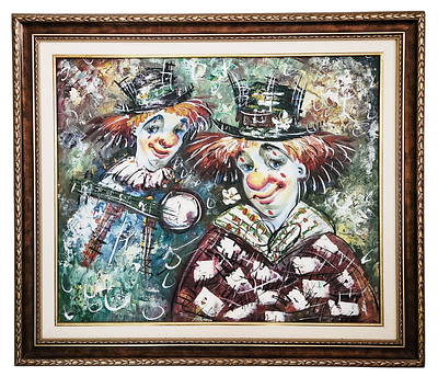 אמן לא מזוהה – ליצנים – שמן על בד. ציור שמן איכותי חתום. 
הציור נתון במסגרת איכותית. 
מידות 