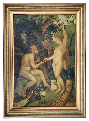 אמן לא מזוהה – אדם וחווה – שמן על בד. ציור שמן גדול של חווה קוטפת מעץ הדעת. חתום. 
הציור נתון 