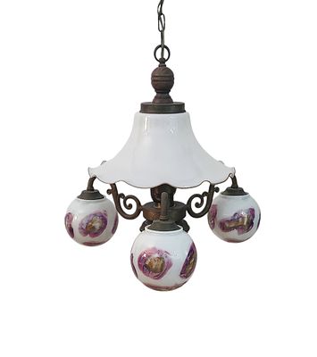 מנורת תקרה ישנה משולבת זכוכית עץ ופליז. מנורה וינטג' עשויה פליז ועץ עם אהיל זכוכית לבנה 