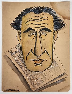 קריקטורה של הצייר ראובן רובין - 1952 אמן לא מזוהה. מדיה מעורבת על נייר. 
ציור של ראשו של ראובן 