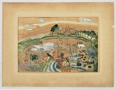 אמן לא מזוהה - ציור של גן קסום. אקוורל על נייר. לא חתום. 
הציור 27x18 ס"מ. כולל פספרטו 38x28 