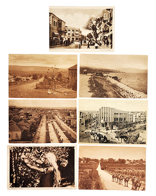 7 גלויות ארץ ישראל פלשתינה - האחים אליהו. ש. נרינסקי. האחים אליהו. בת איכר בקטיף תפוחי זהב. 